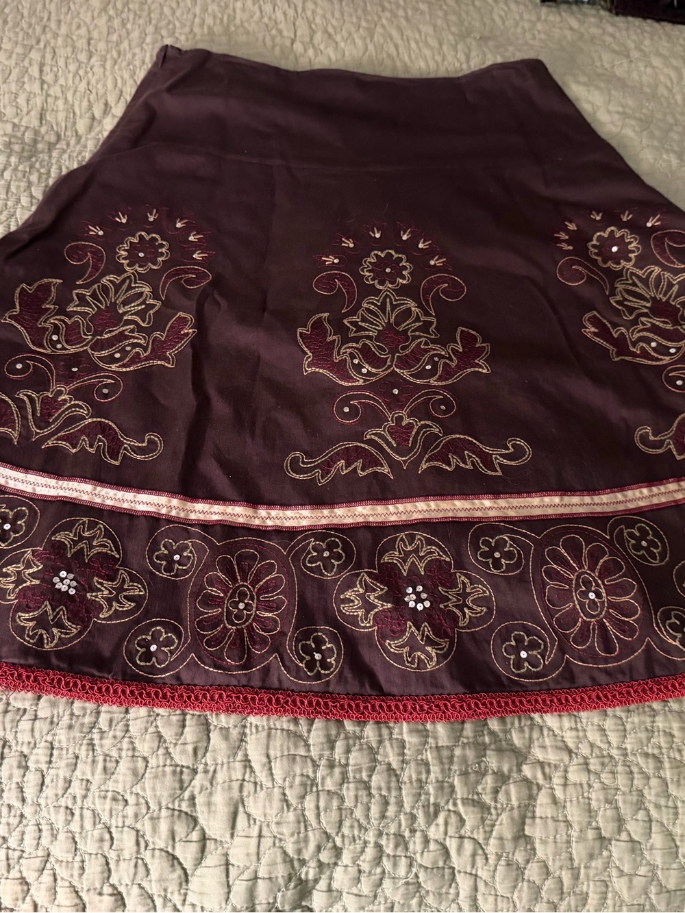Embroidered Plum A-Line Skirt with Floral Border